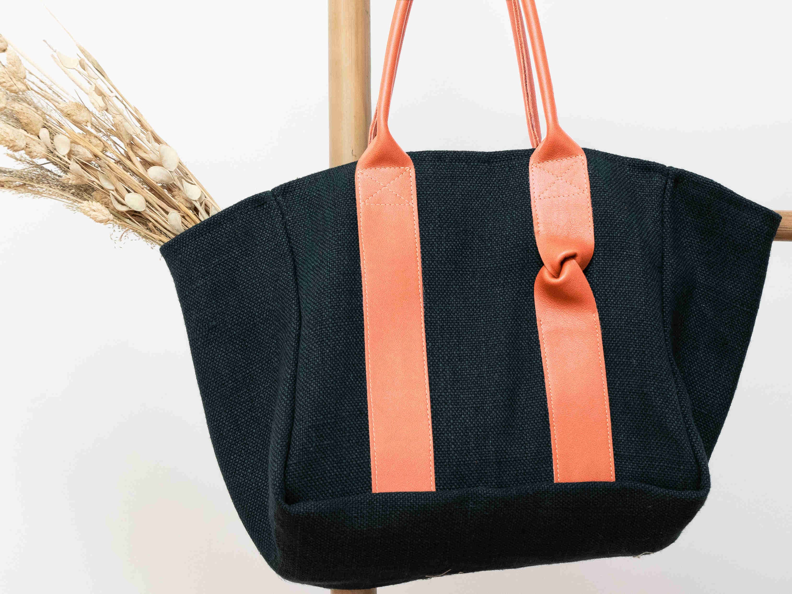 Fossette – Großhandel Tragetasche – Damen – Tragetasche - schwarzer Hanf, Fichte, Kamelleder4