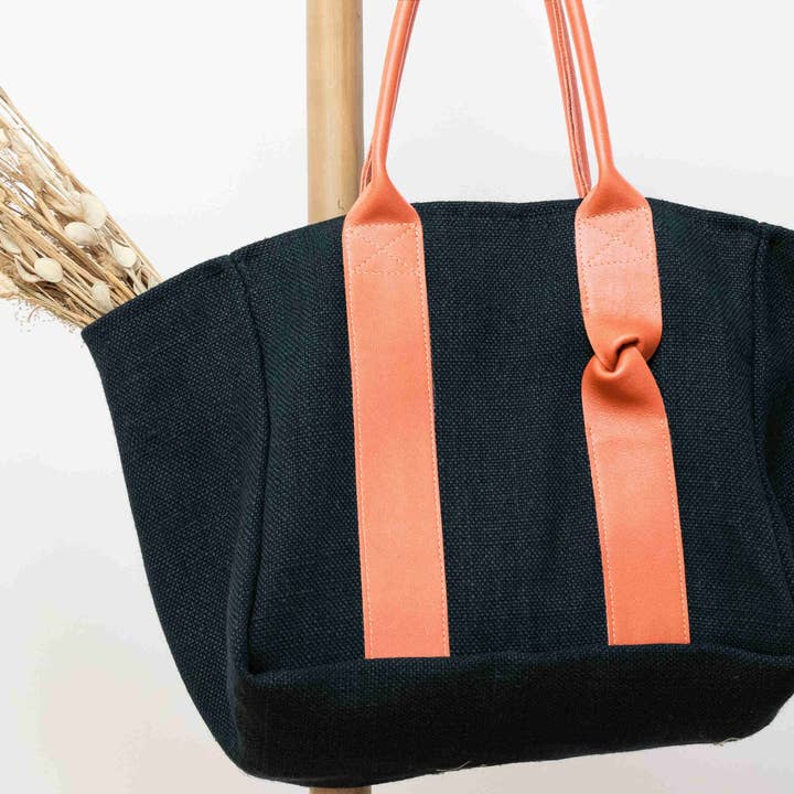 Fossette – Großhandel Tragetasche – Damen – Tragetasche - schwarzer Hanf, Fichte, Kamelleder4