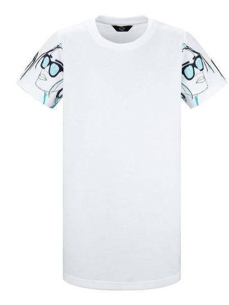 ABITO A T-SHIRT BIANCO DA RAGAZZA, VESTITINO REGULAR FIT CON STAMPA FRONTALE BLU E DETTAGLI SULLE BRACCIA per la vendita all'ingrosso da parte di House of Juniors