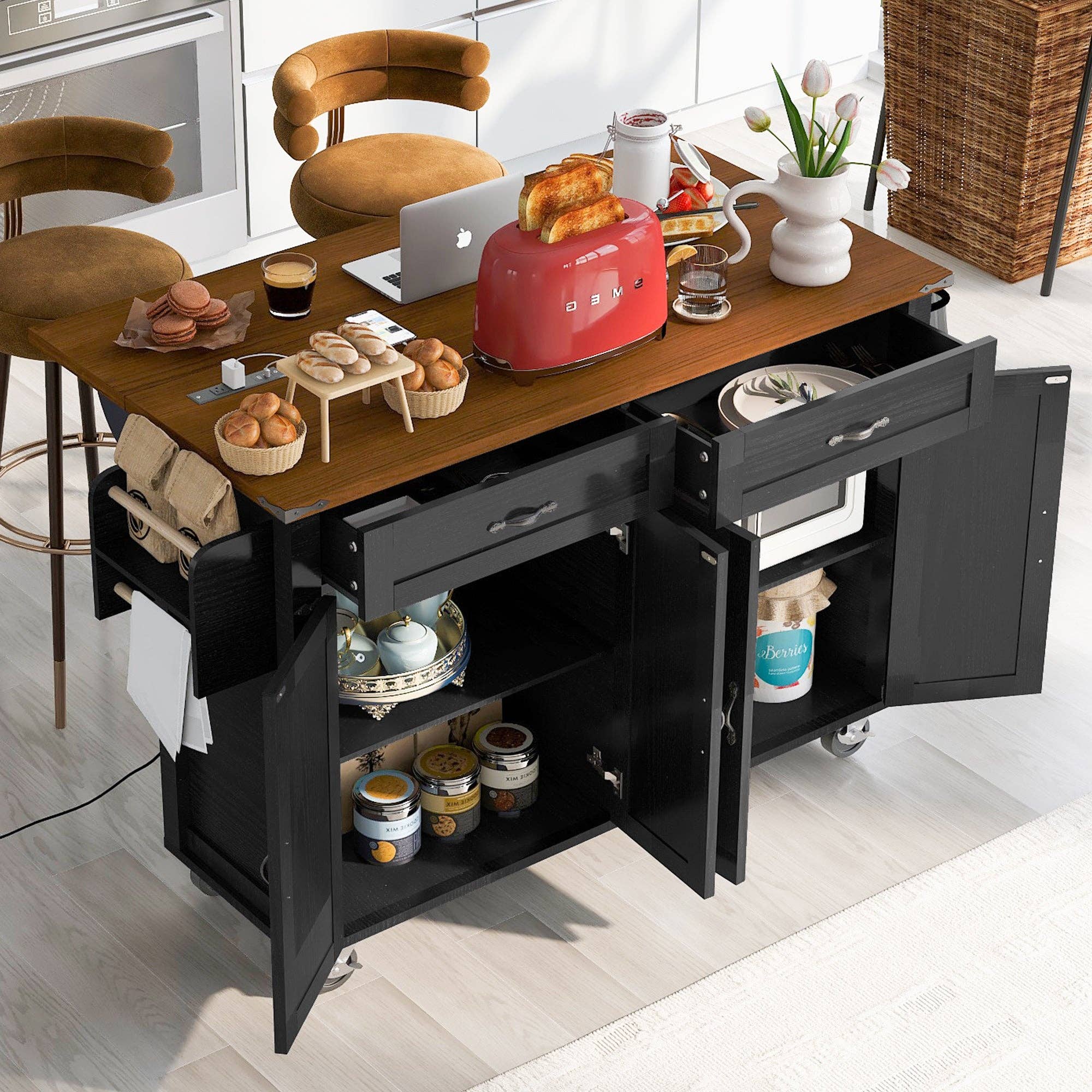 Orange County Decor - Wholesale Kitchen Storage/Organizer - K&K 53.5''Farmhouse Kitchen Island With Power Outlet, Kitchen Storage Island With Drop Leaf, Spice Rack And Drawer, Rolling Kitchen Cart On Wheels, For Home, Kitchen And Dining Room, Black Black14