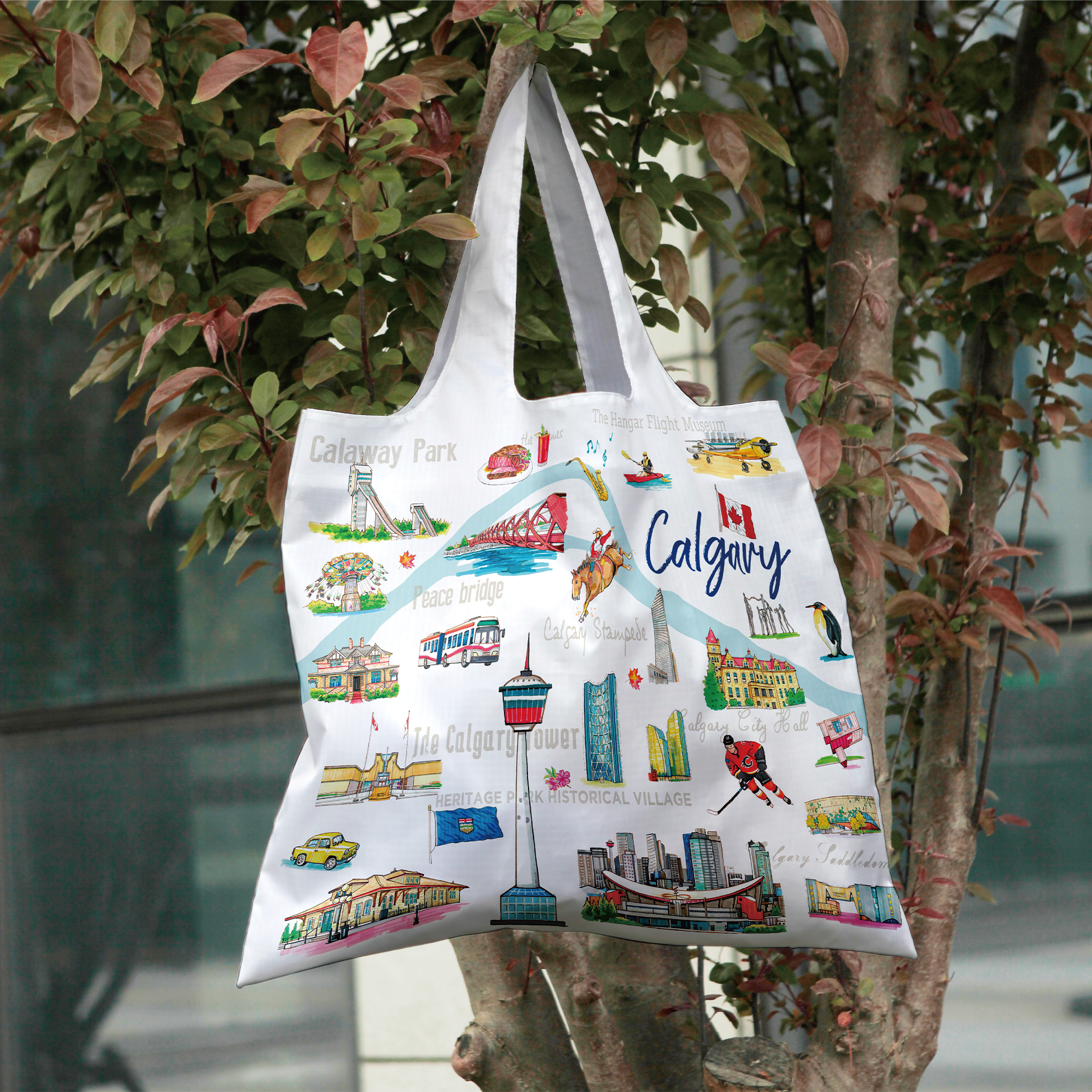 Northern Icons Canada – Großhandel Tragetasche – Unisex – Faltbare Canvas-Tragetasche Calgary Alberta – Illustrierte kanadische Stadt-Reisetasche4