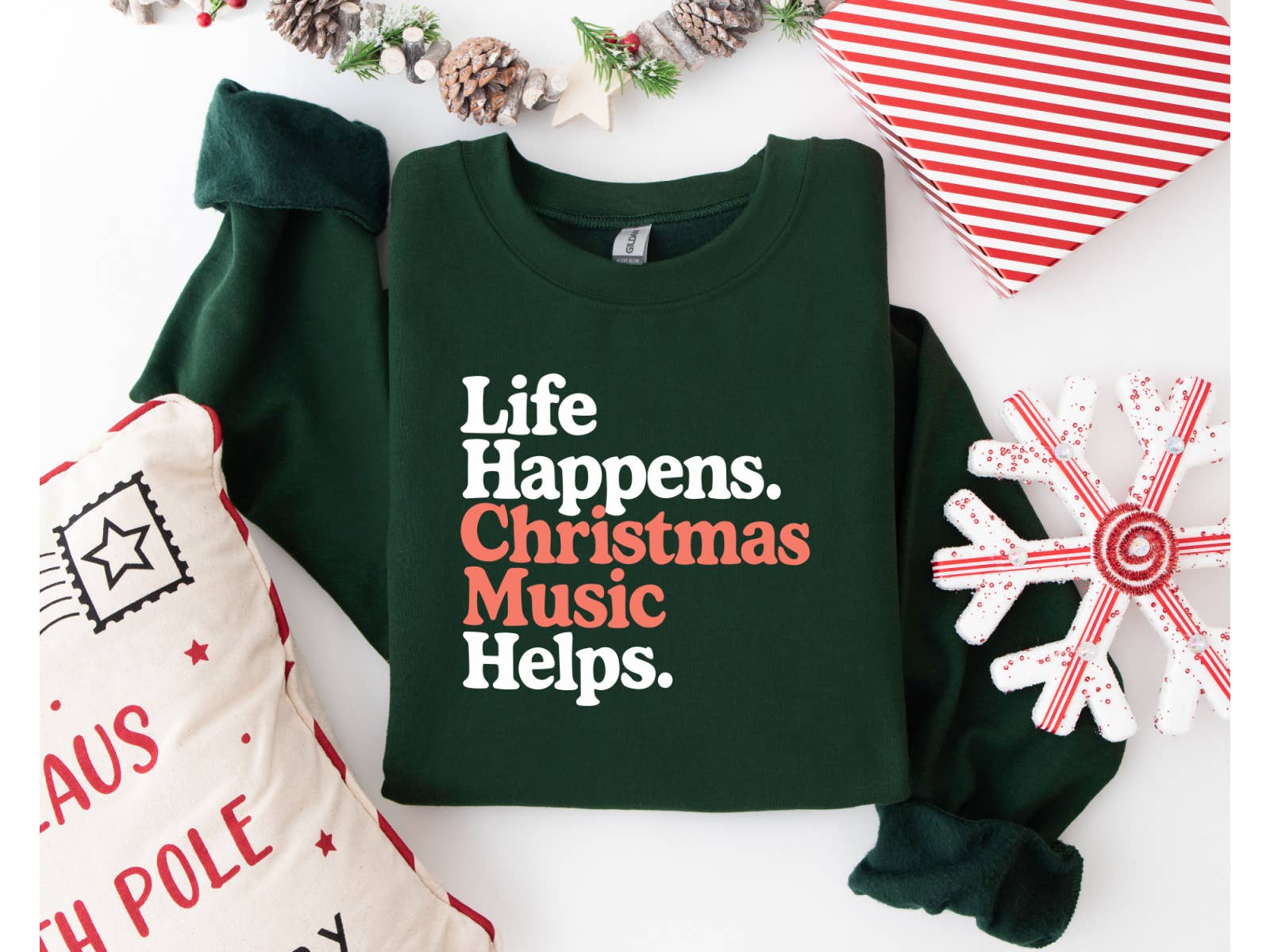 Etched Laser - Wholesale Graphic Sweatshirt - Women's - Life Happens Christmas Music Helps Crewneck Sweatshirt