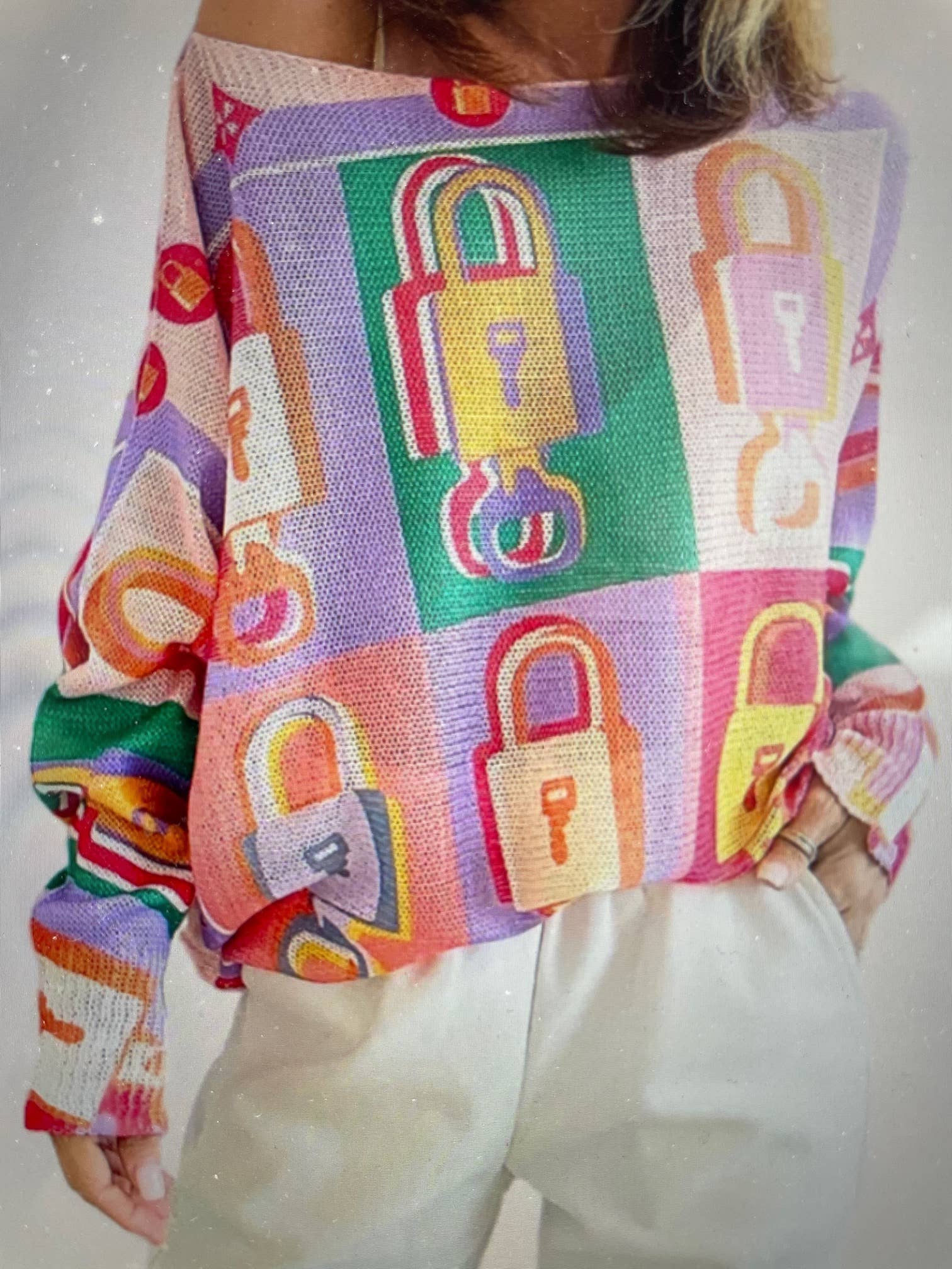 Pink "Lock" Printed Batwing Sweater for wholesale on Faire1