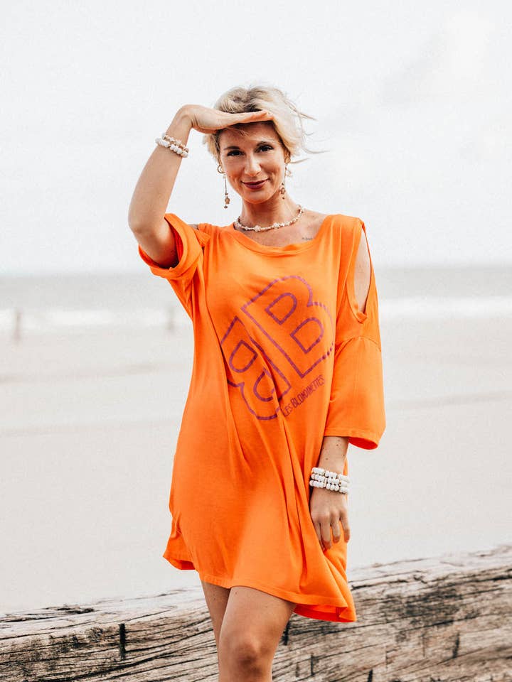 ADELAIDE - Robe Tunique Epaules Dénudées Orange pour la vente par LES BLONDINETTES