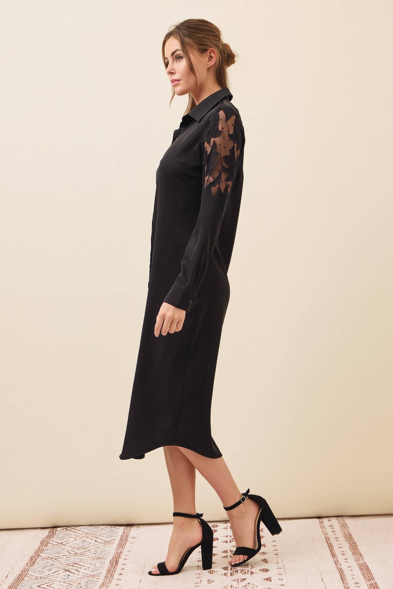 BLACK Possibilities Woven Shirt Dress With Mesh Cutout for wholesale on Faire2