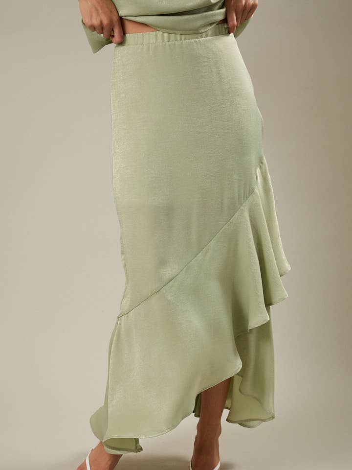 ELASTIC HIGH WAIST ASYMMETRIC RUFFLE HEM MAXI SKIRT for wholesale by GILLI