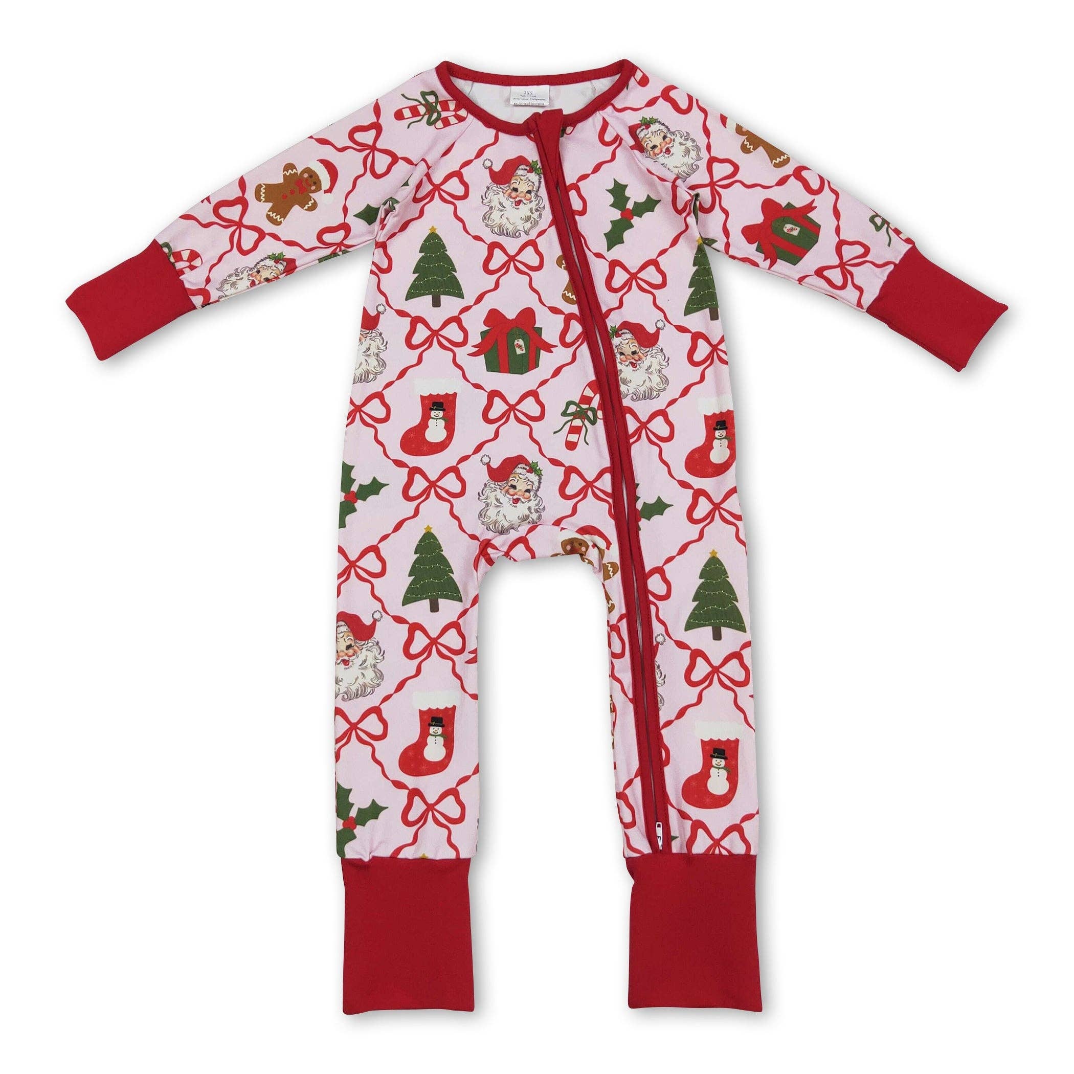 Yawoo Garments - Wholesale Jumpsuit - Baby - Red bow santa gingerbread baby Christmas zipper romper