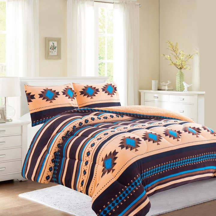Linen Mart - Wholesale Bedding Set - Southwest Aztec Sherpa Plush Fleece Blanket - 3 Piece Set