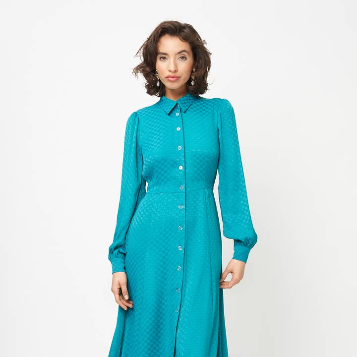 Robe Maeve à carreaux bleu sarcelle pour la vente par Fresha London
