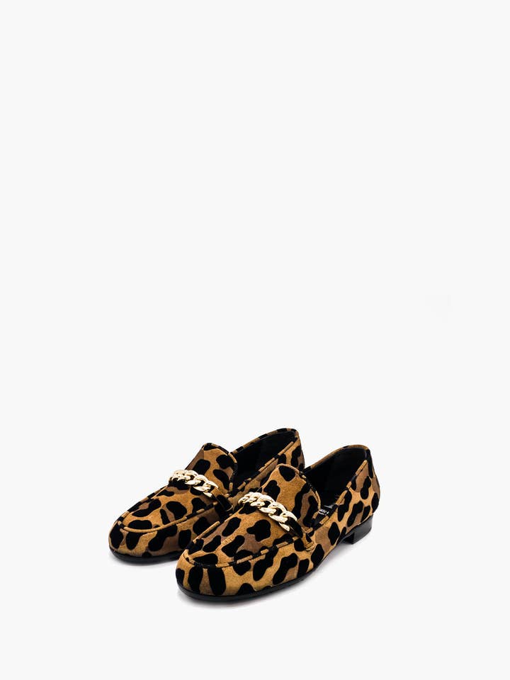 Mocasín de ante con estampado de leopardo con cadena color platino para venta al por mayor de Luca Grossi
