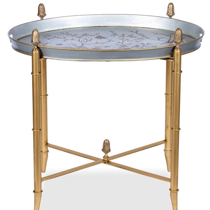 Pewter Round Tray & Gold Table with Finials for wholesale by The Enchanted Home
