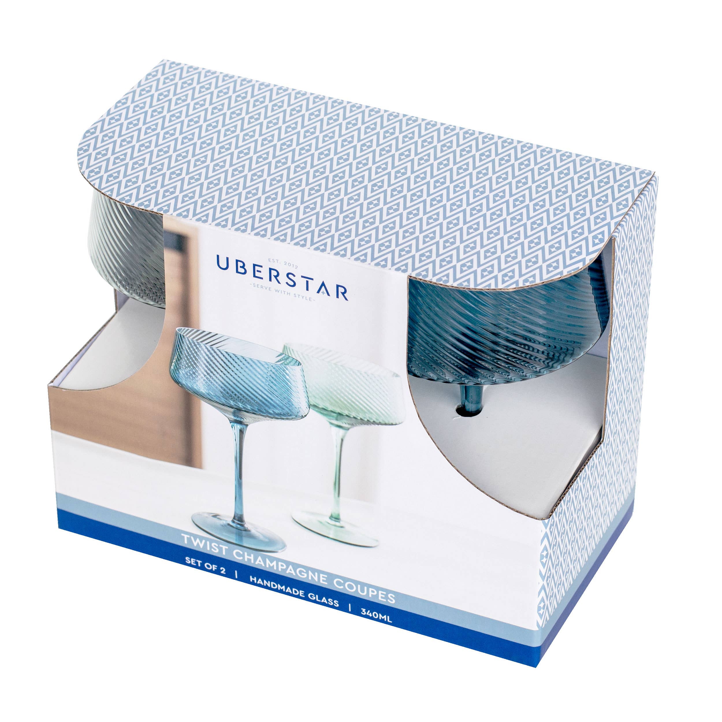 UBERSTAR – wholesale Champagne flute – Twist Champagne Coupe Glasses - Set of 2 Blue/Green8