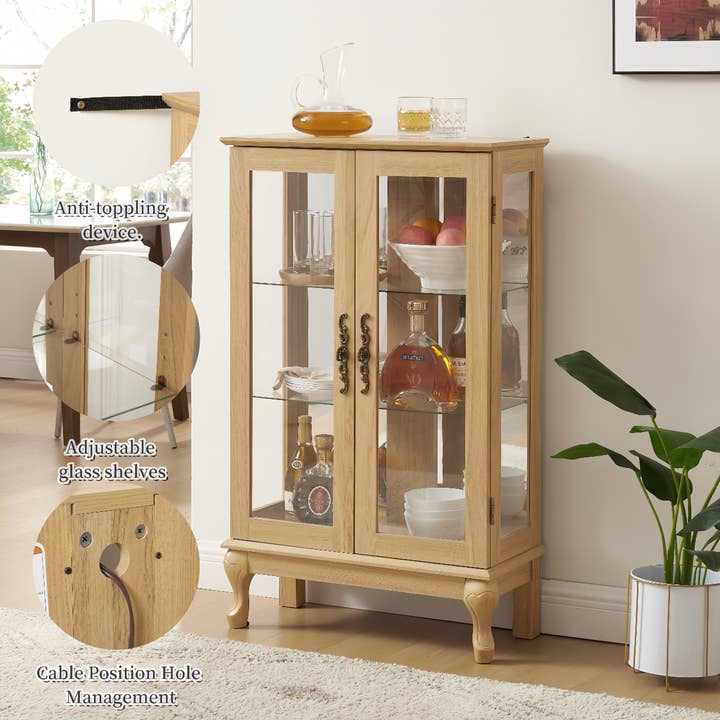 Orange County Decor - Wholesale Cabinet - 2 Doors Curio Cabinet With Tempered Glass Doors, Curio Cabinets With Mirrored Back Panel And Adjustable Shelves, Lighted Display Cabinet For Home, Office Light Bulb Included Oak Oak Mdf Glass8