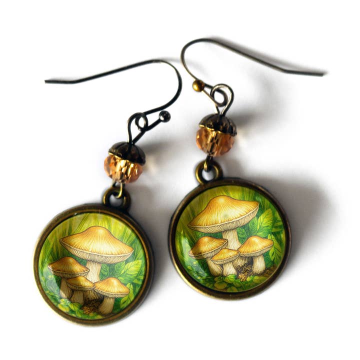 Honey Mushrooms Glass Cabochon Cottagecore Earrings for wholesale by The Divine Iguana