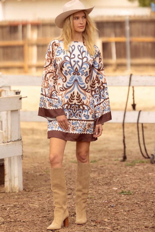 Ivory Brown Blue Border Print Mini Dress for wholesale on Faire1