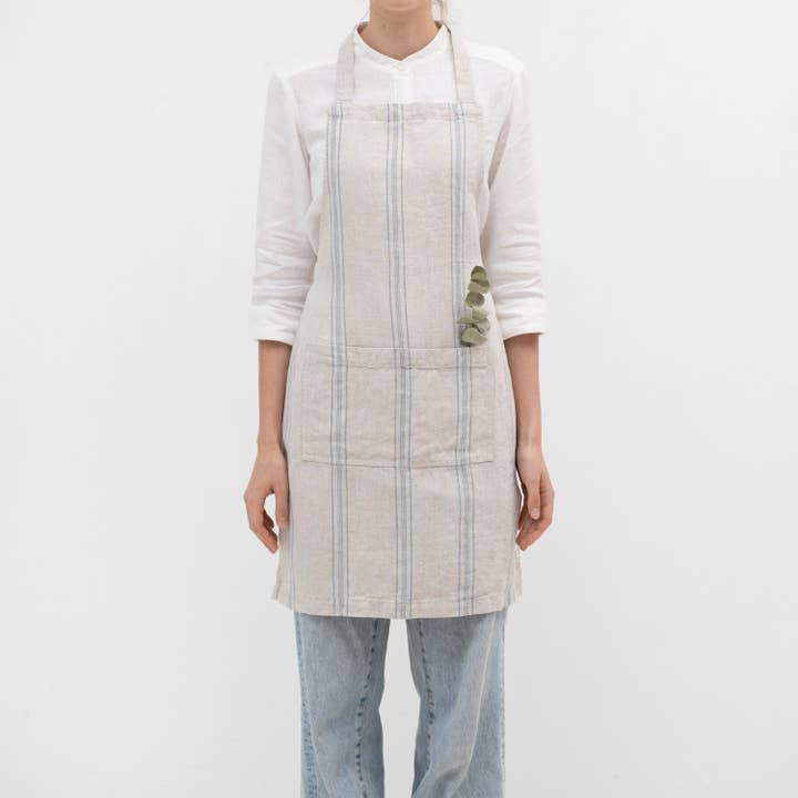 Linen Tales - Wholesale Apron - Grey Blue Wide Stripe Rustic Linen Daily Apron