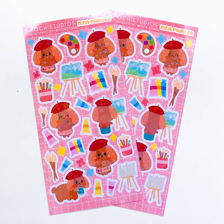 Colorful Cute Puppy Nina Painter Sparkly Vinyl Sticker Sheet for wholesale by Pochistudios