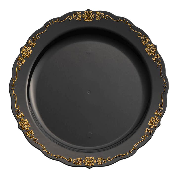 Assiettes à dîner en plastique vintage noir avec or de 10" - 120 pcs pour la vente par Smarty had a Party