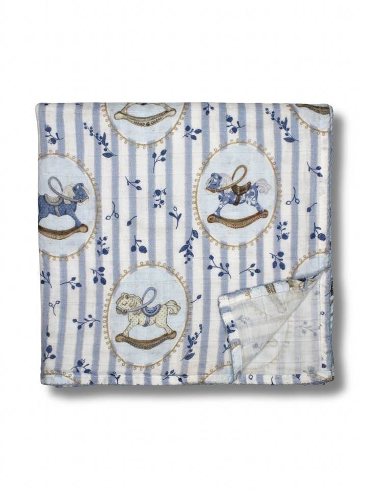 Blue Rocking Horse Muslin Blanket for wholesale by Little Threads