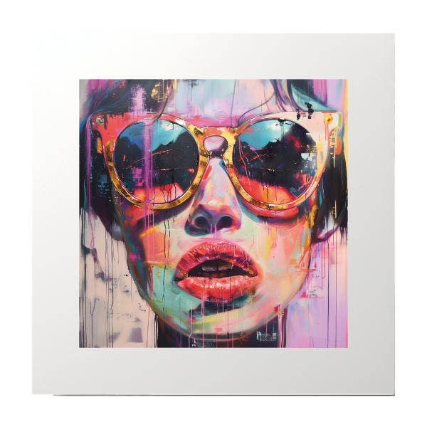 Impression d'art en peinture multicolore de femmes avec des lunettes pour la vente par Artificial Ink