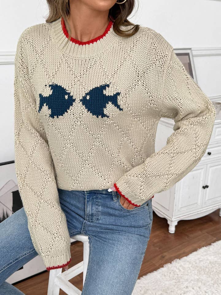 Brown Color Blocked Fish Pattern Round Neck Knitted Sweater for wholesale on Faire1