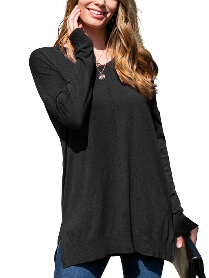 NINEXIS - Wholesale Tunic Sweater - Women's - CWOSWL1826_V NECK LOOSE FIT TUNIC LENGTH SOFT SWEATER TOP