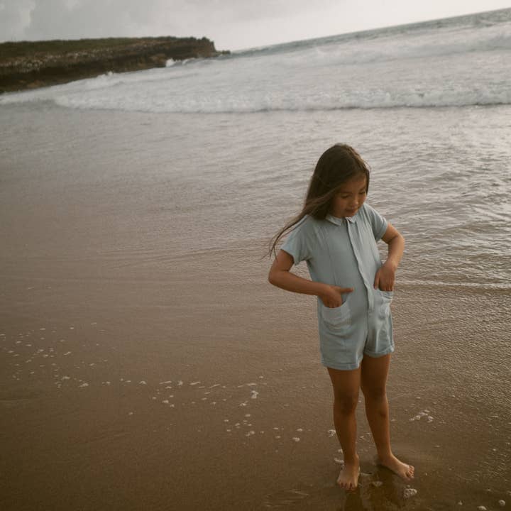 Organic Cotton Birch Romper in Sleepy Blue for wholesale by Treehouse