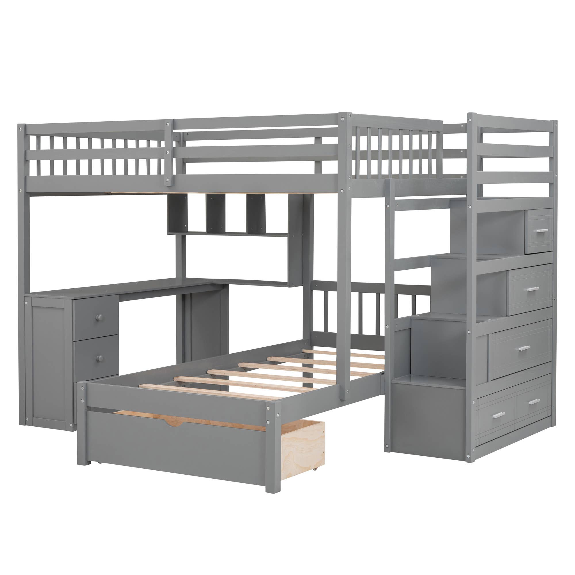 HomeRoots - Wholesale Bed - Gray Full Over Twin Wood Bunk Bed With Stairs Desk Drawers And Storage0