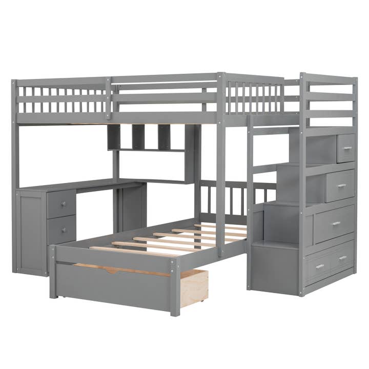 HomeRoots - Wholesale Bed - Gray Full Over Twin Wood Bunk Bed With Stairs Desk Drawers And Storage