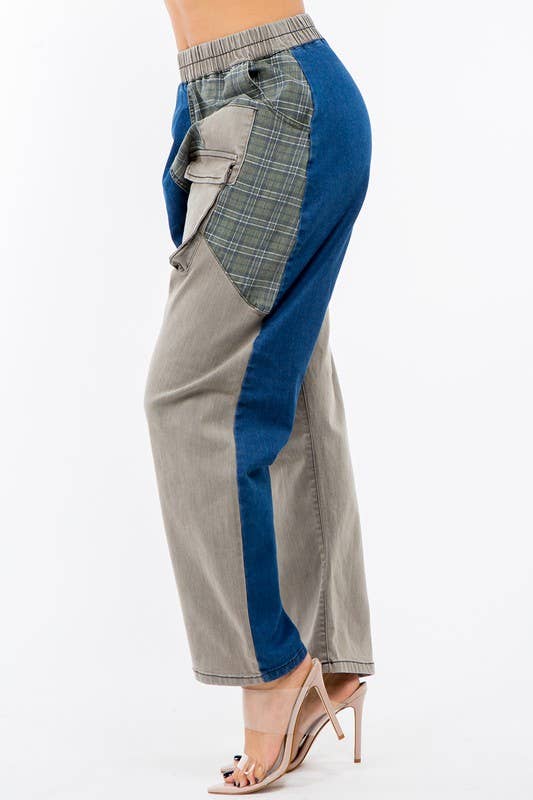 LABIJOU - Wholesale Broek - Dames - PD509 Broek - patchwork denim met geruite plaid en camo5