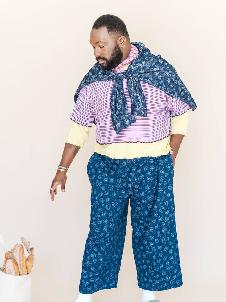 Size Inclusive Gender Neutral Dark Daisy Denim Wide Leg Pant for wholesale by Nettle Studios