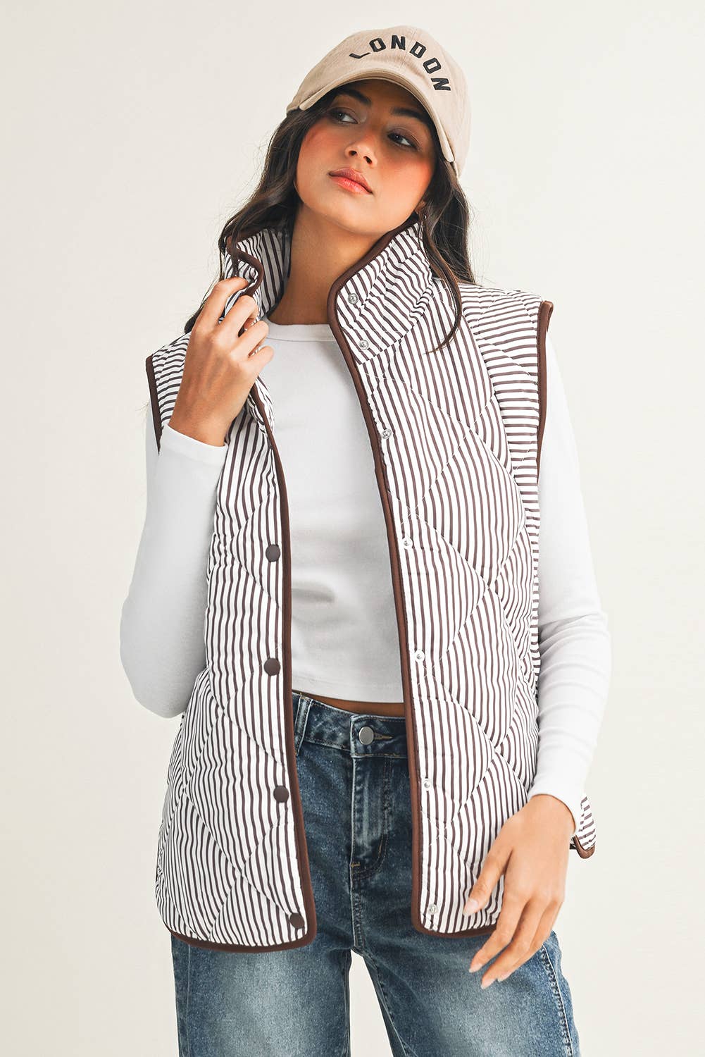 Little Daisy Closet - Wholesale Outerwear Vest - Women's - LDC Stripe Contrast Trim Button Collared Vest| S-4X