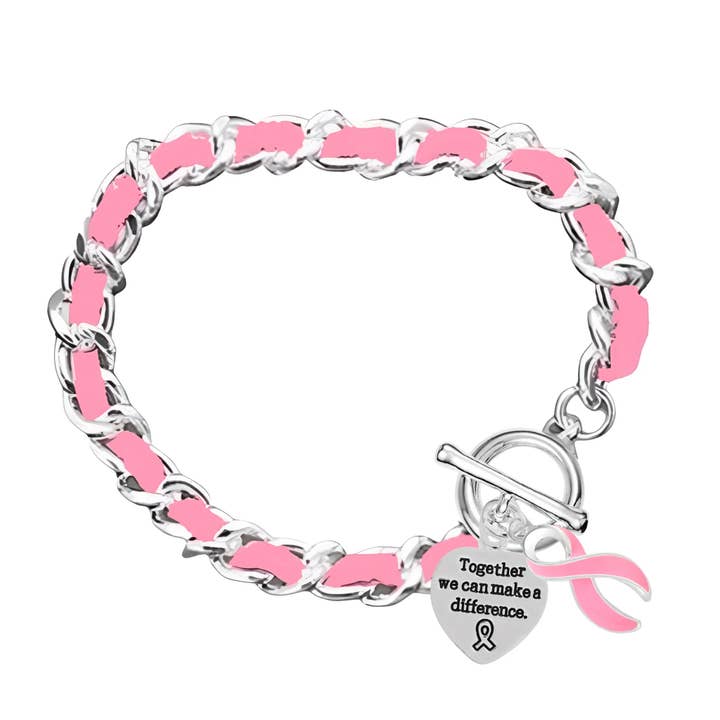 The Awareness Company - Wholesale Charm/Dangle Bracelet - Together We Can Make a Difference Pink Ribbon Rope Bracelet