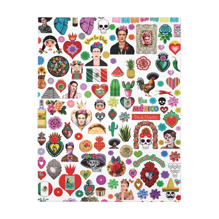 Mexican folk art with Frida Khalo, milagritos and more Mexican art. Mexican blanket 80x60” soft and printed on both sides. for wholesale by Ficus and Plants LLC