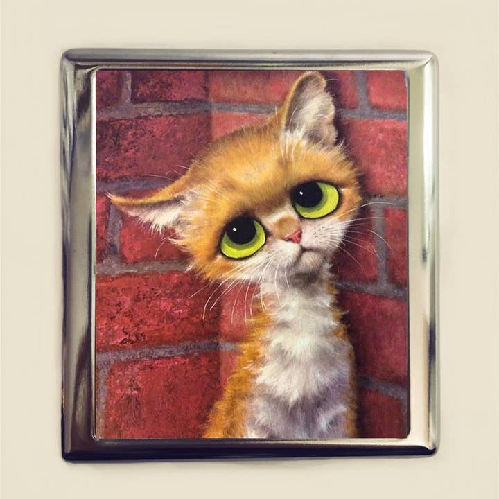 FringePop - Wholesale Cigarette Case - Big Eyed Cat Cigarette Case Business Card ID Holder Wallet Sad Eye Eyes Kitsch Retro Orange Kitty Kawaii