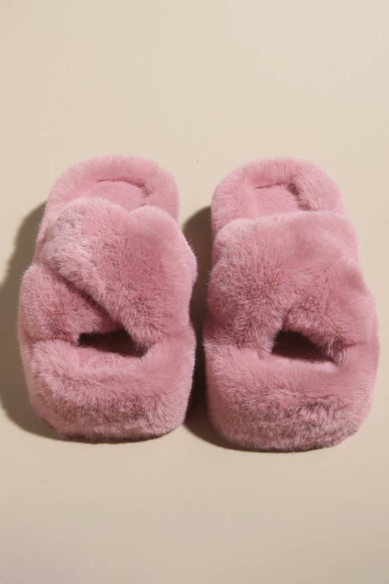 ACCITY - Wholesale Slippers - Women's - CROSS STRAP FLUFFY BEDROOM SLIPPERS_CWSHS02266