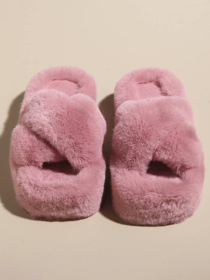 ACCITY - Wholesale Slippers - Women's - CROSS STRAP FLUFFY BEDROOM SLIPPERS_CWSHS02266
