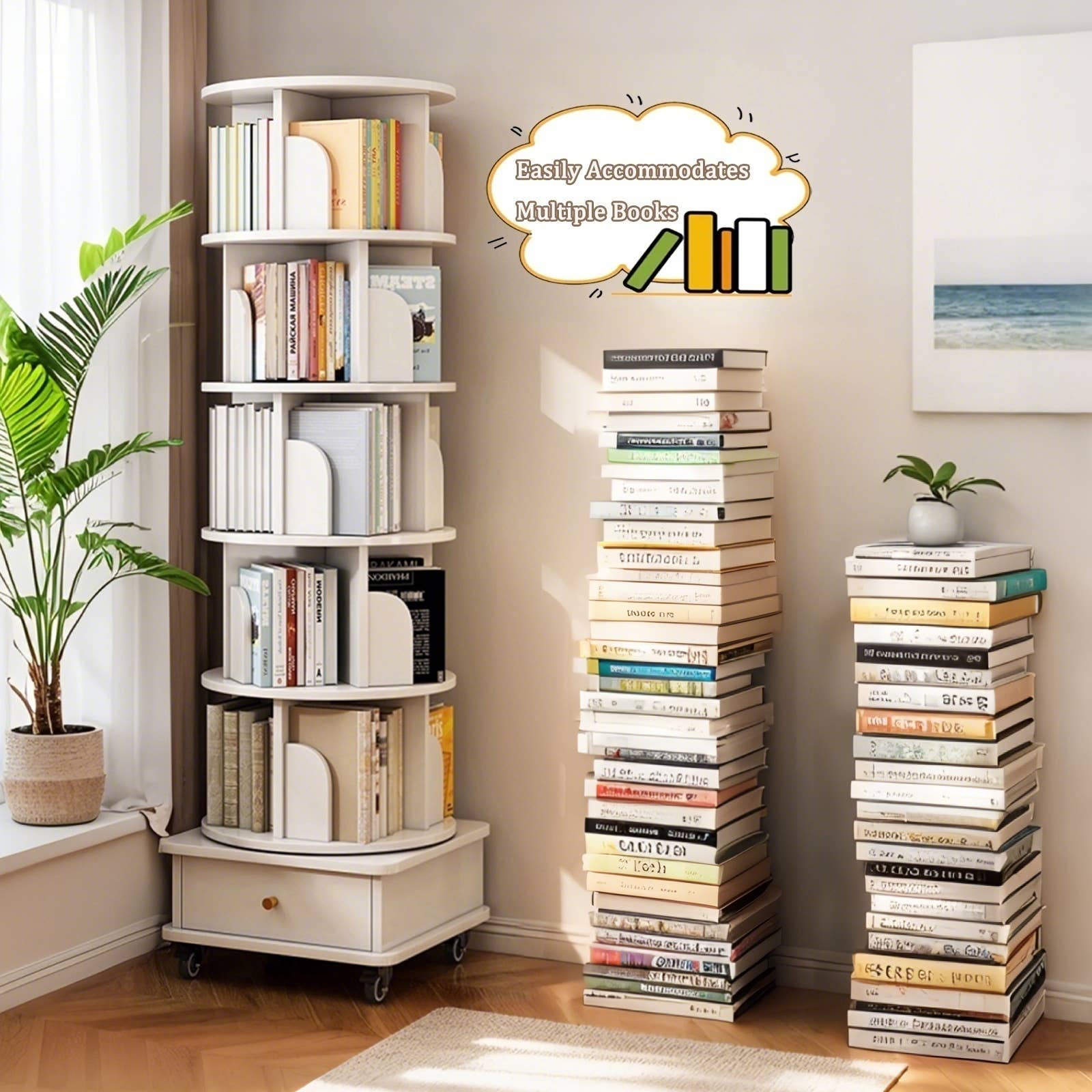 39F Inc. - Wholesale Bookcase - 5/6-Tier 360° Rotating Bookshelf with Drawer, White/Wood24