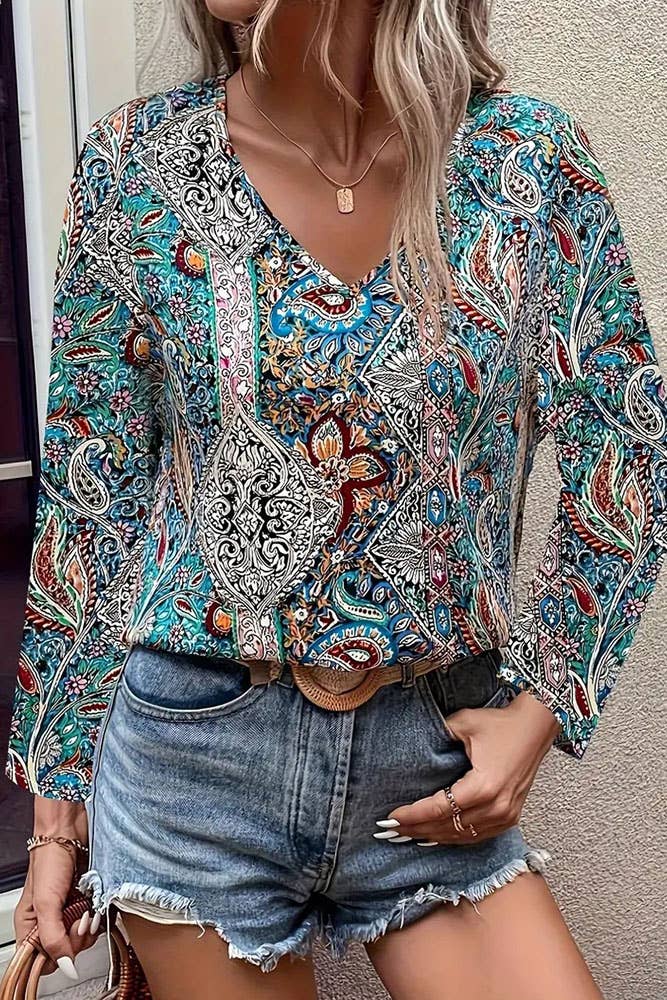 Multi V Neck Long Sleeves Paisley Printed Top ZK1765 for wholesale on Faire0
