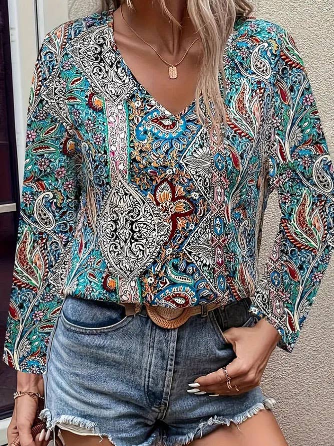 Multi V Neck Long Sleeves Paisley Printed Top ZK1765 for wholesale on Faire
