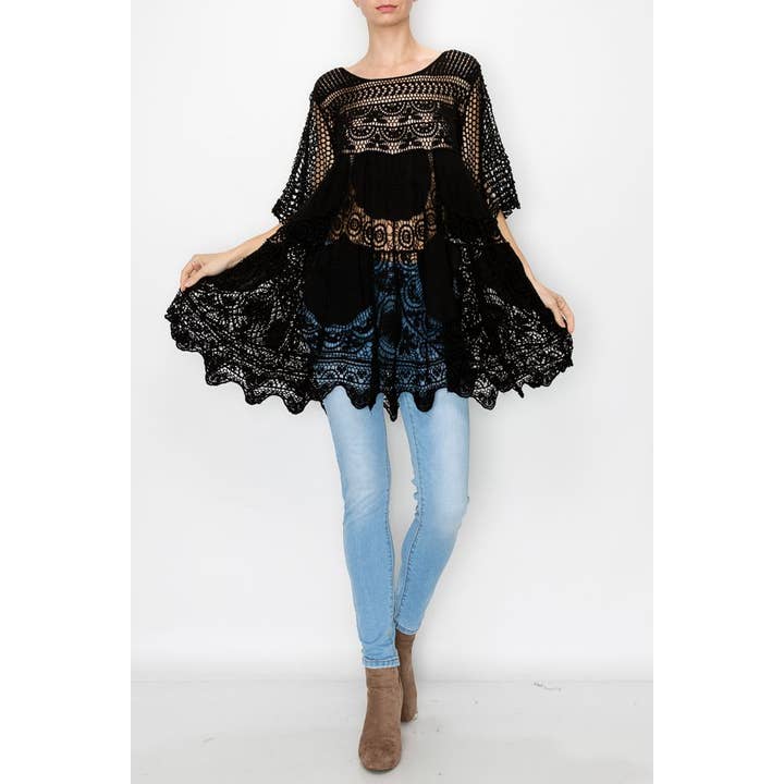 Boho Fladdrig Texturerad Spets Virkad Tunika Topp - 4516 BK för wholesale av Origami Apparel ~ Lace and Crochet inspired