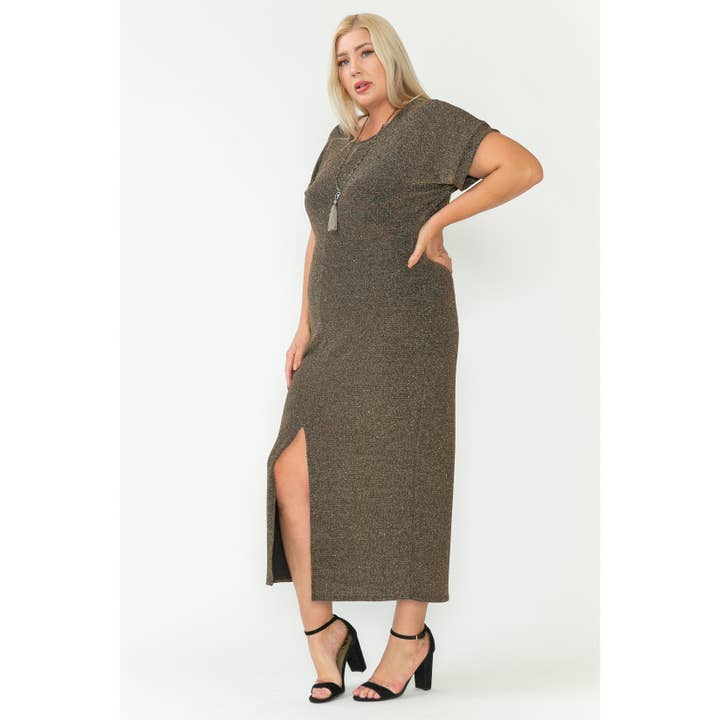 Story Teller - Wholesale Dress - Women's - Plus Size Elegant Lurex Knit Front Slit Holiday Maxi Dress