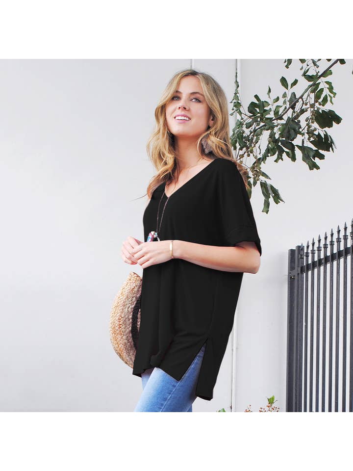 42POPS - Wholesale Tunic - Women's - ', Rolled Sleeve Side Slit Hi Low Hem