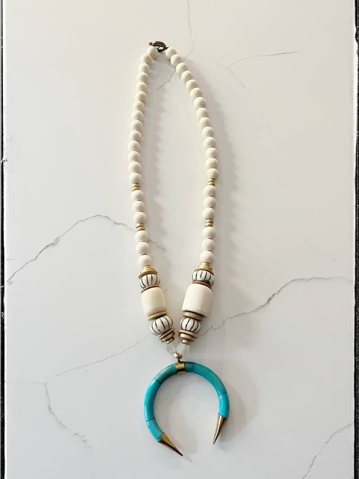 Wood & Afr. Bead w/ Turq. Pendant - Stripe African Bone Bead for wholesale by GentrybyJenna