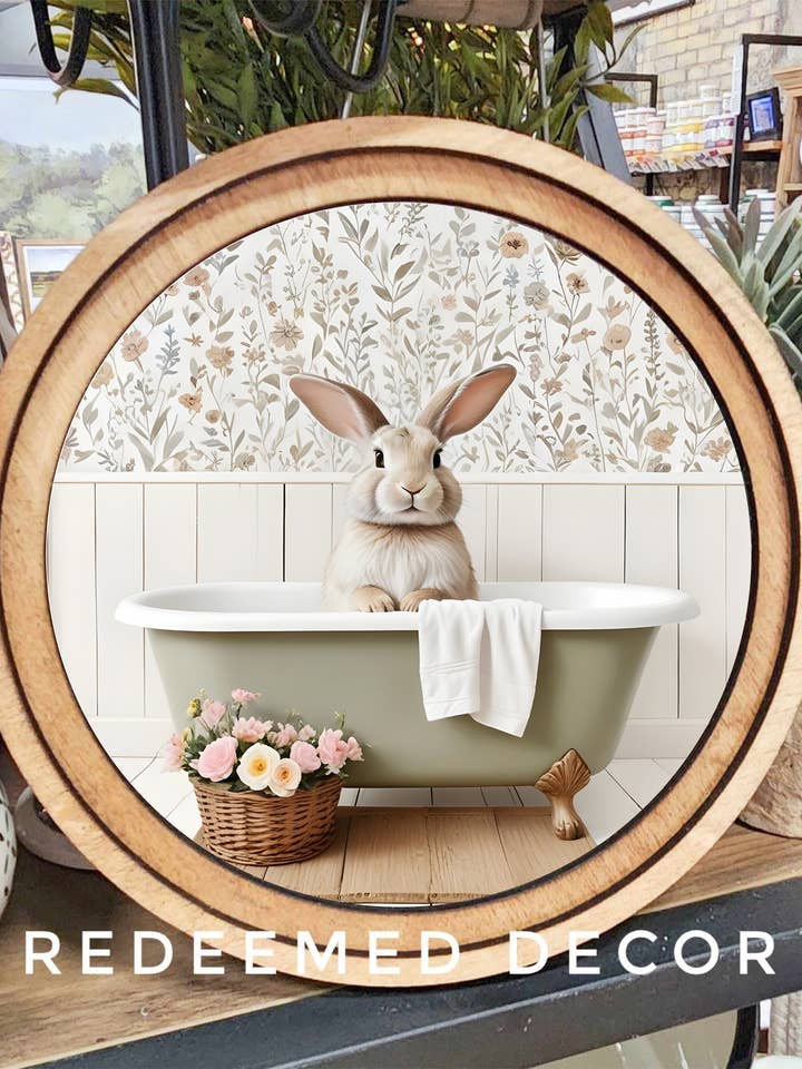 8" Round Bunny in Tub Art for wholesale by Redeemed Decor