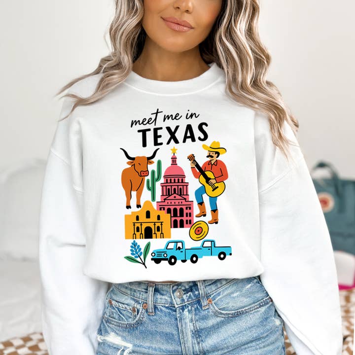 Meet Me In Texas Crewneck Sweatshirt for wholesale by DaisyChainDesignCo