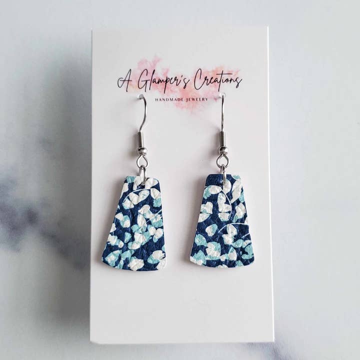 A Glamper's Creations LLC - Wholesale Dangle Earrings - White & Blue Floral Dangle Leather Earrings