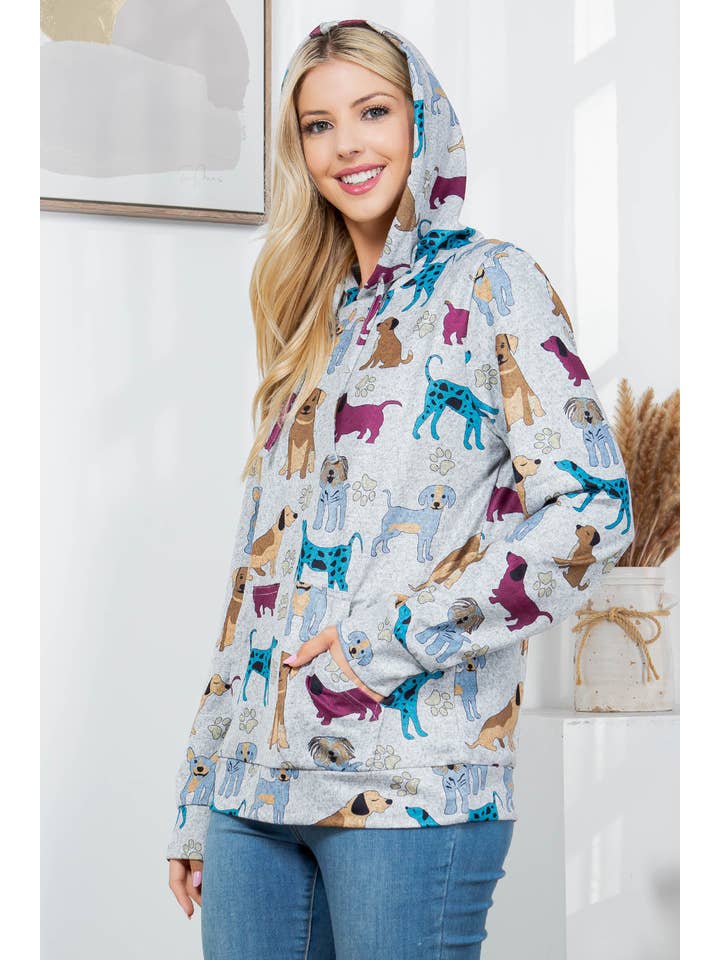 LA Soul - Wholesale Hoodie - Women's - Dog Print Sweater Knit Pullover Hoodie