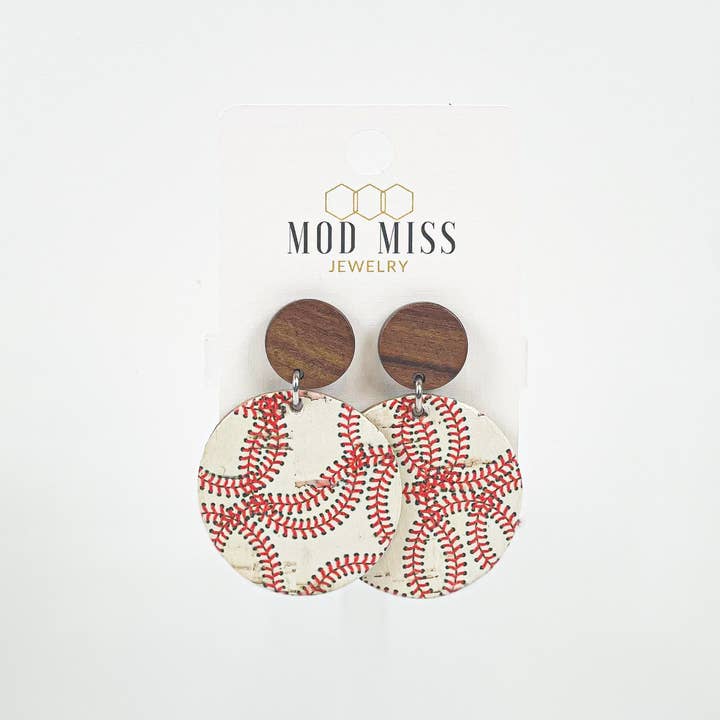 Cork+Leather Round Earring "Baseball" for wholesale by The Mod Miss