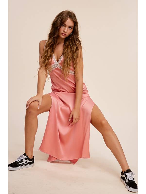 Rose Vintage Satin Lace Maxi Dress with Side Slits for wholesale on Faire